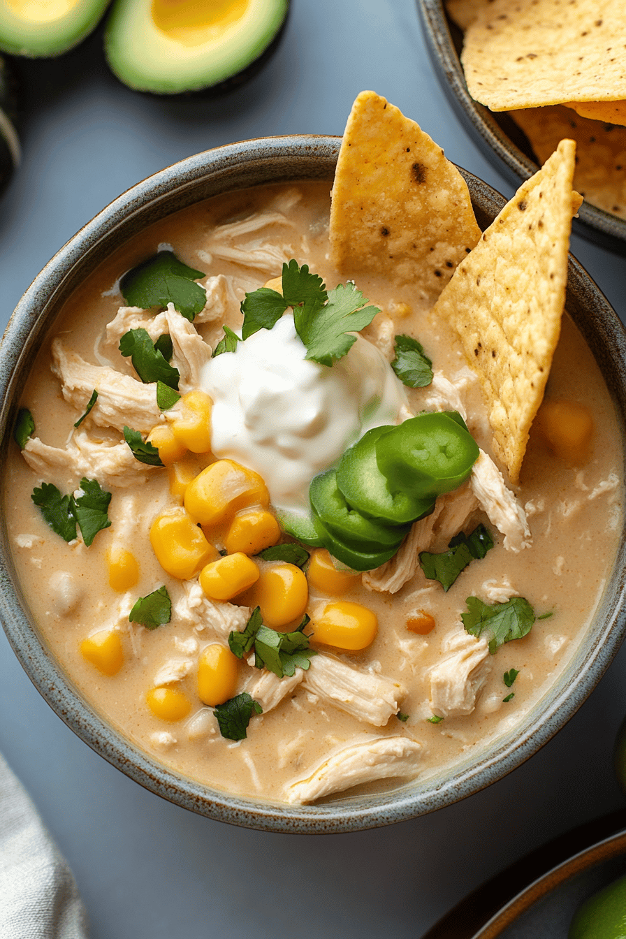 Crock Pot White Chicken Chili slice on plate showing perfect texture and swirl pattern