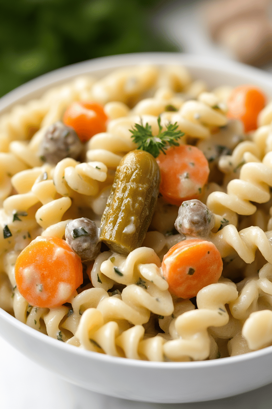 Dill Pickle Pasta Salad ingredients organized and measured on kitchen counter