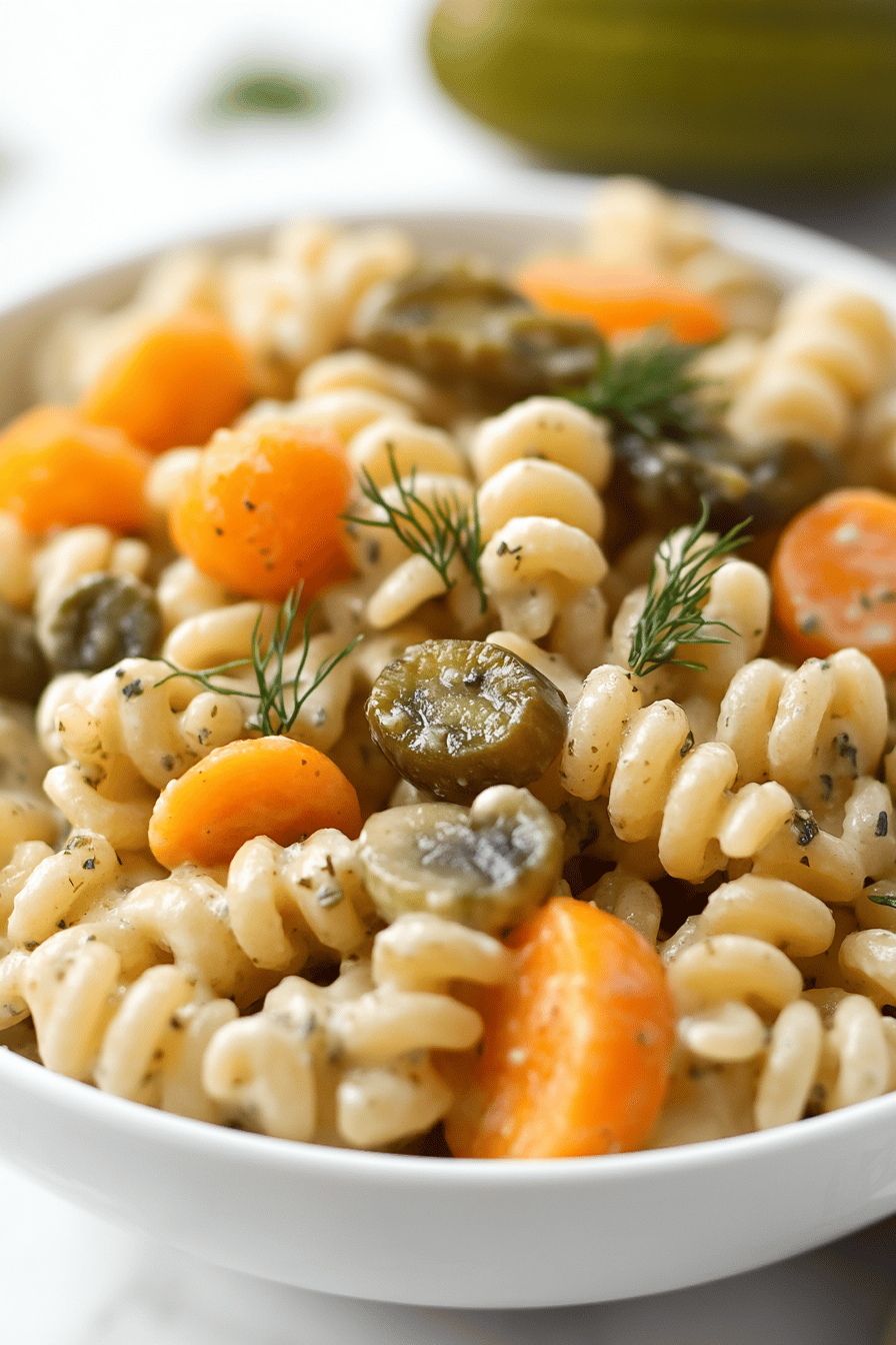 Dill Pickle Pasta Salad final dish beautifully presented and ready to serve