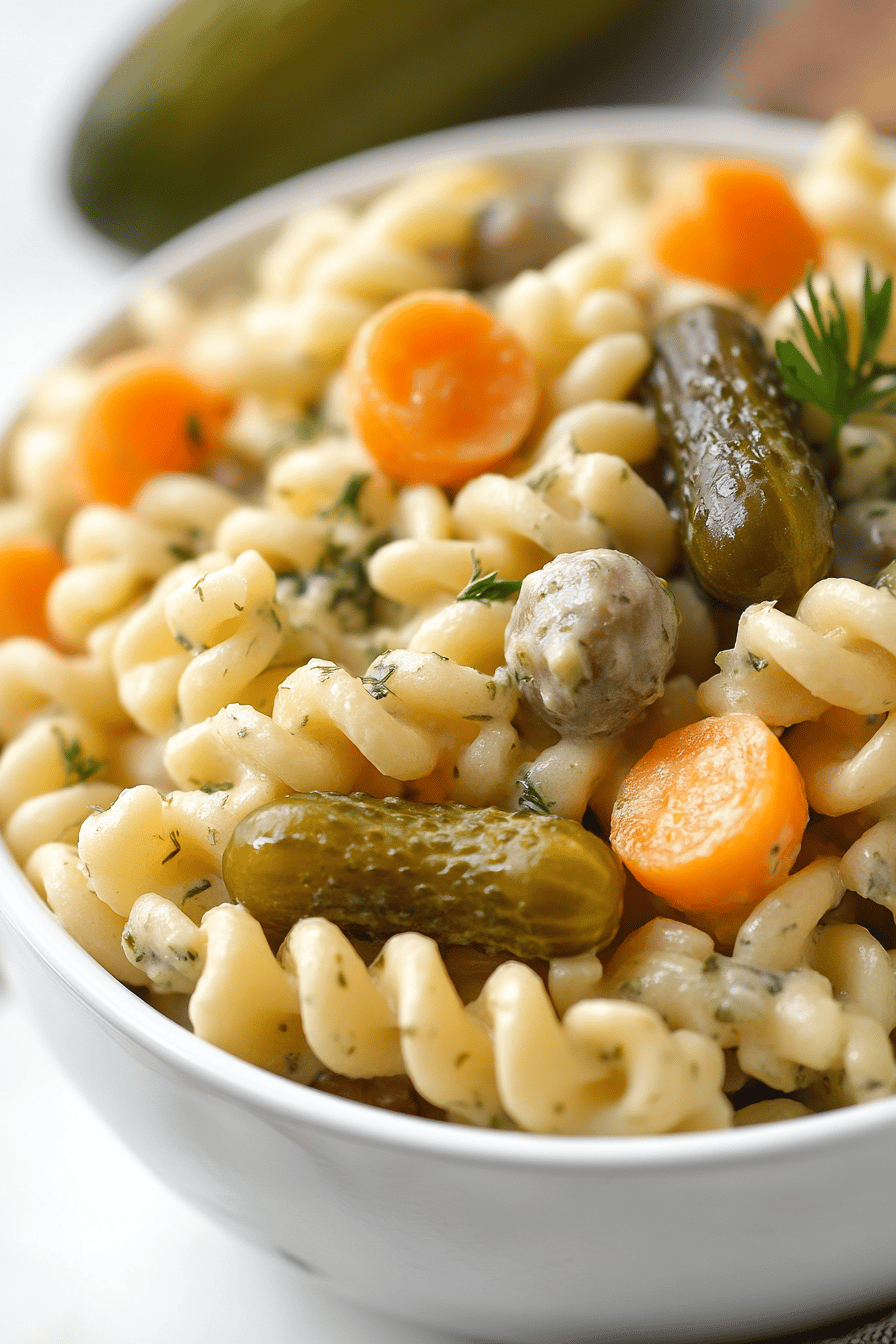 Dill Pickle Pasta Salad slice on plate showing perfect texture and swirl pattern