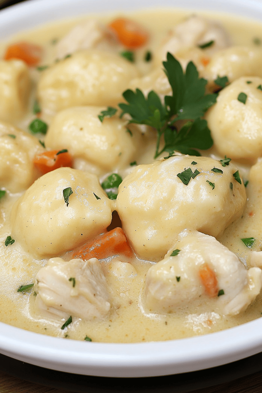 Dutch Oven Chicken and Dumplings final dish beautifully presented and ready to serve