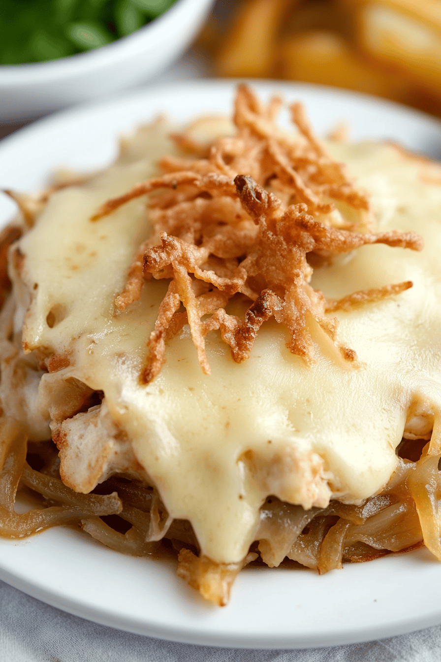 French Onion Chicken Casserole slice on plate showing perfect texture and swirl pattern