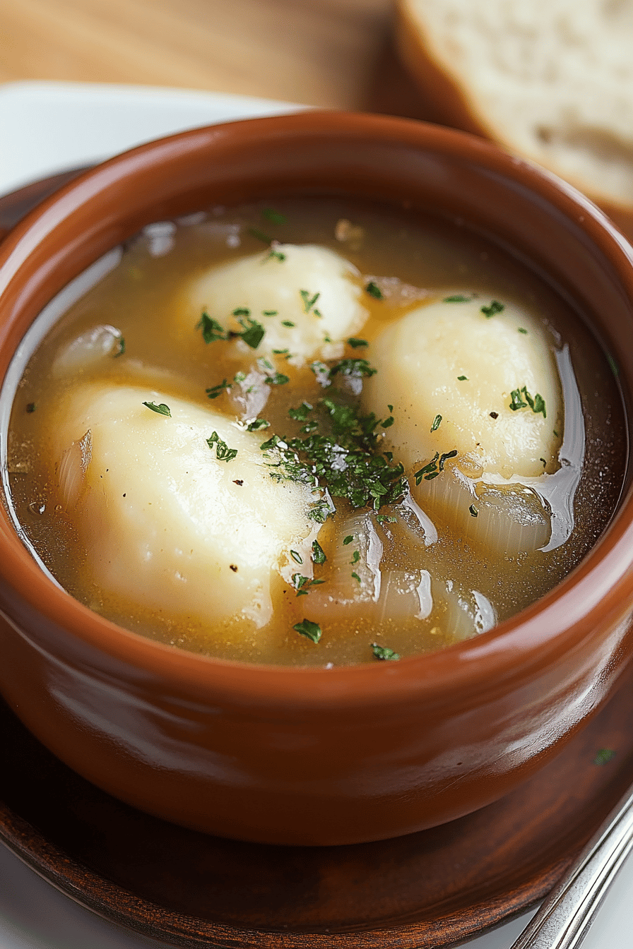 French Onion Soup Recipe slice on plate showing perfect texture and swirl pattern