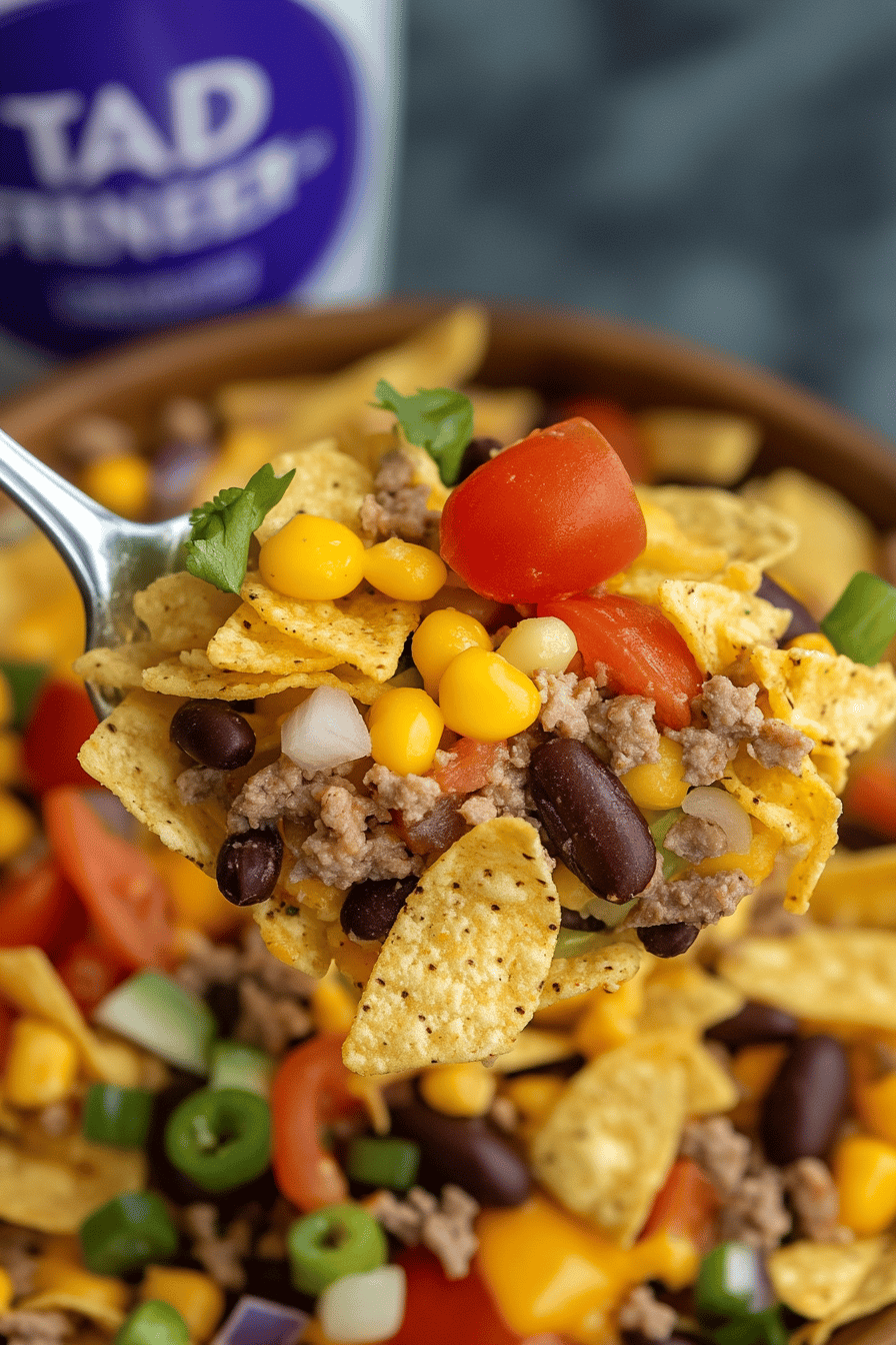 Frito-Taco Salad slice on plate showing perfect texture and swirl pattern