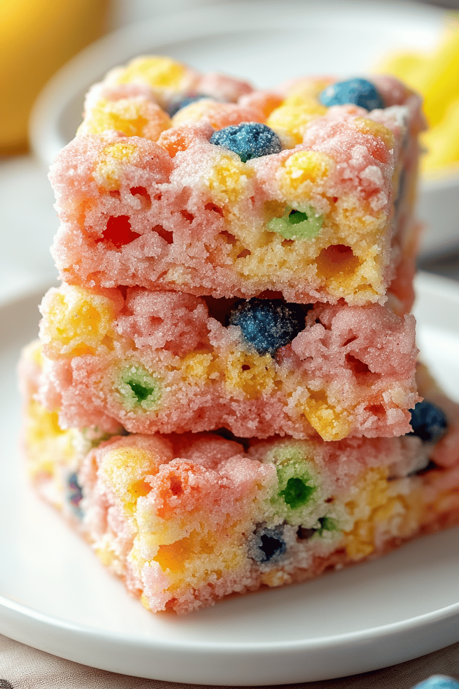 Fruity Pebbles Treats final dish beautifully presented and ready to serve