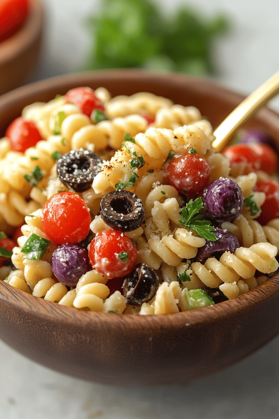 Greek Pasta Salad Recipe ingredients organized and measured on kitchen counter