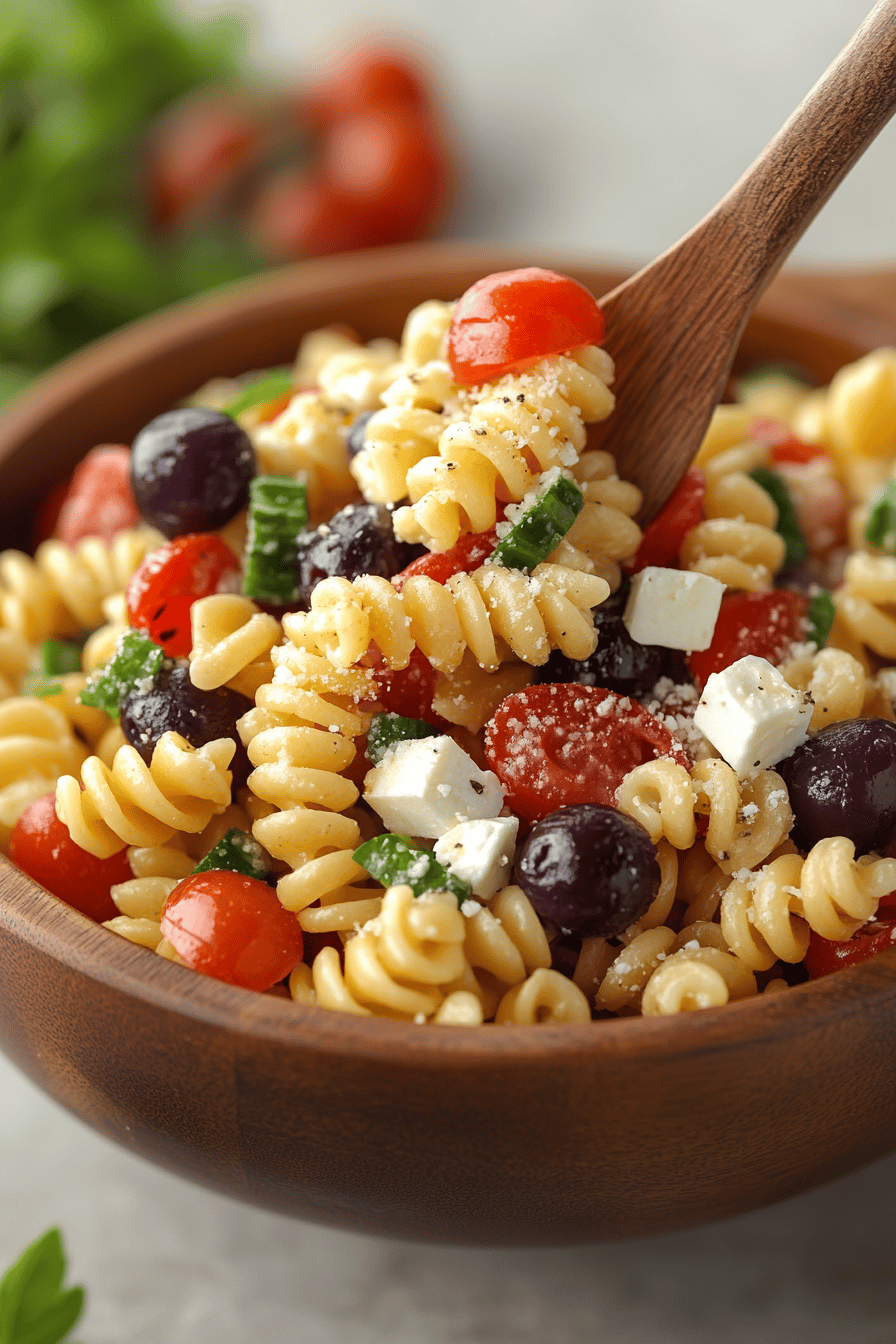 Greek Pasta Salad Recipe final dish beautifully presented and ready to serve
