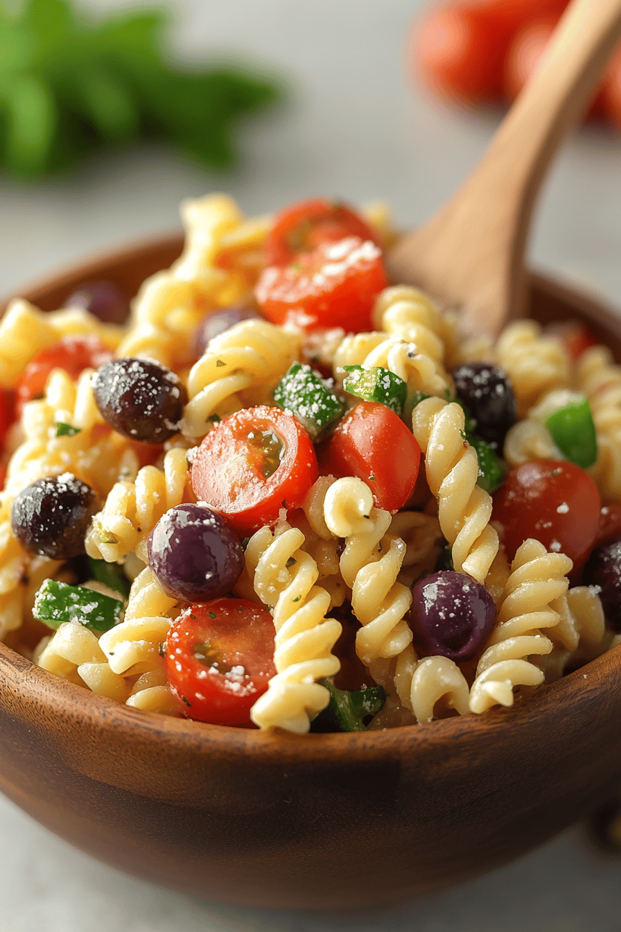 Greek Pasta Salad Recipe slice on plate showing perfect texture and swirl pattern