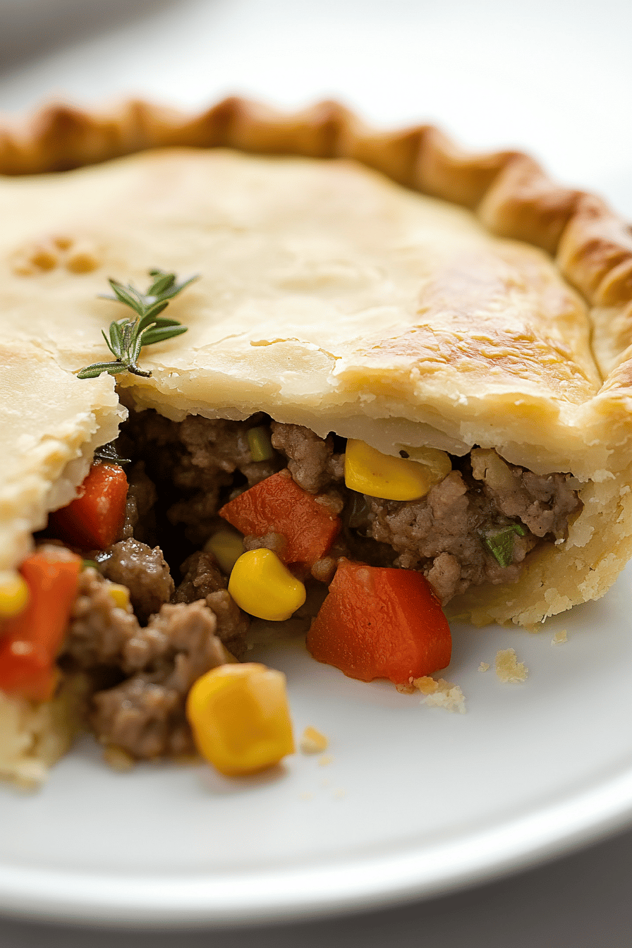 Ground Beef Pot Pie slice on plate showing perfect texture and swirl pattern