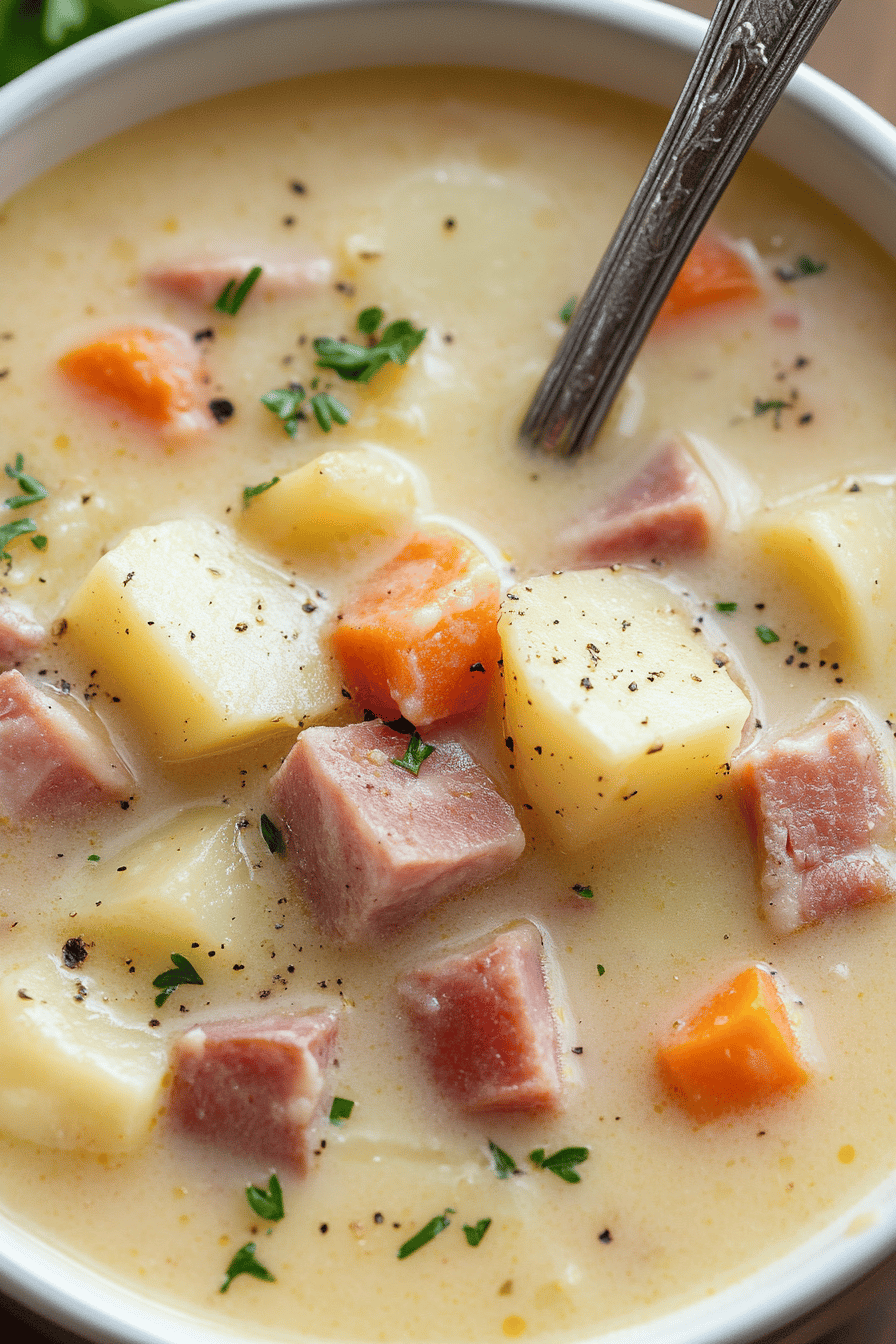 Ham and Potato Soup ingredients organized and measured on kitchen counter