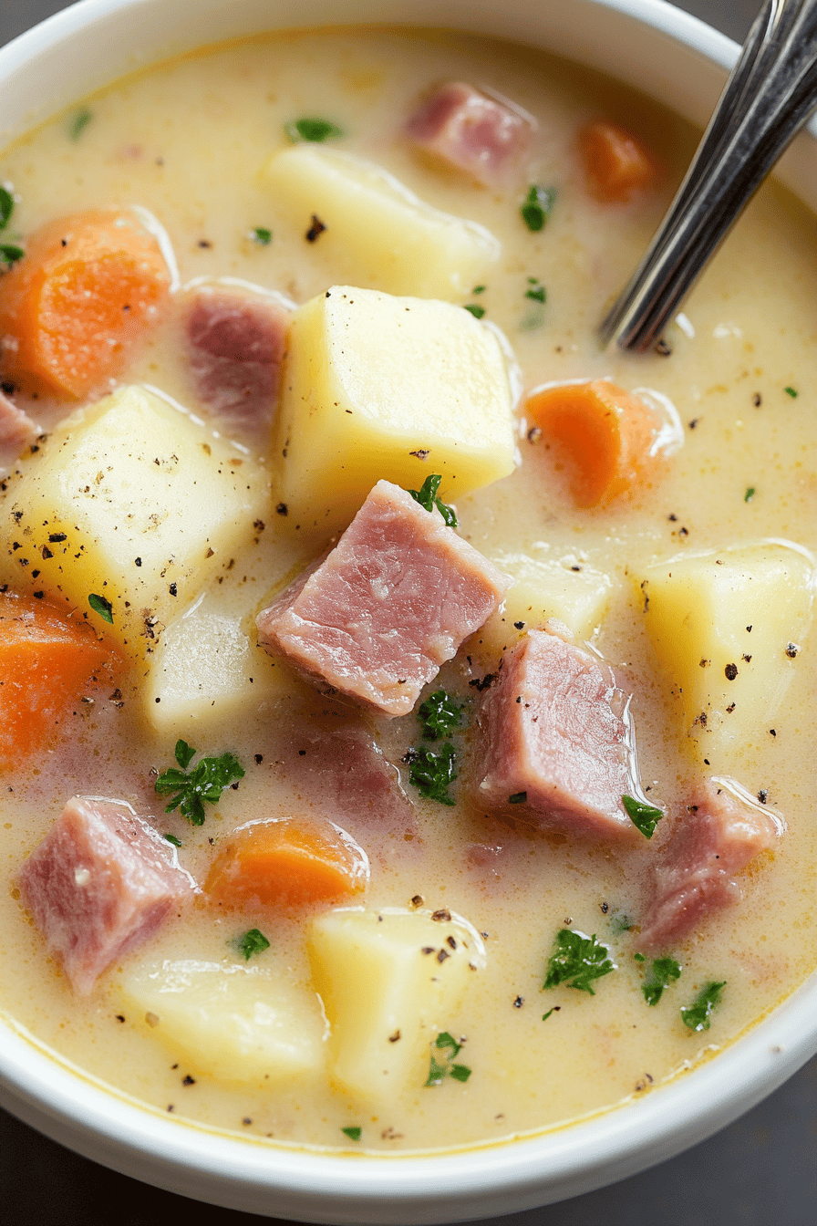 Ham and Potato Soup final dish beautifully presented and ready to serve