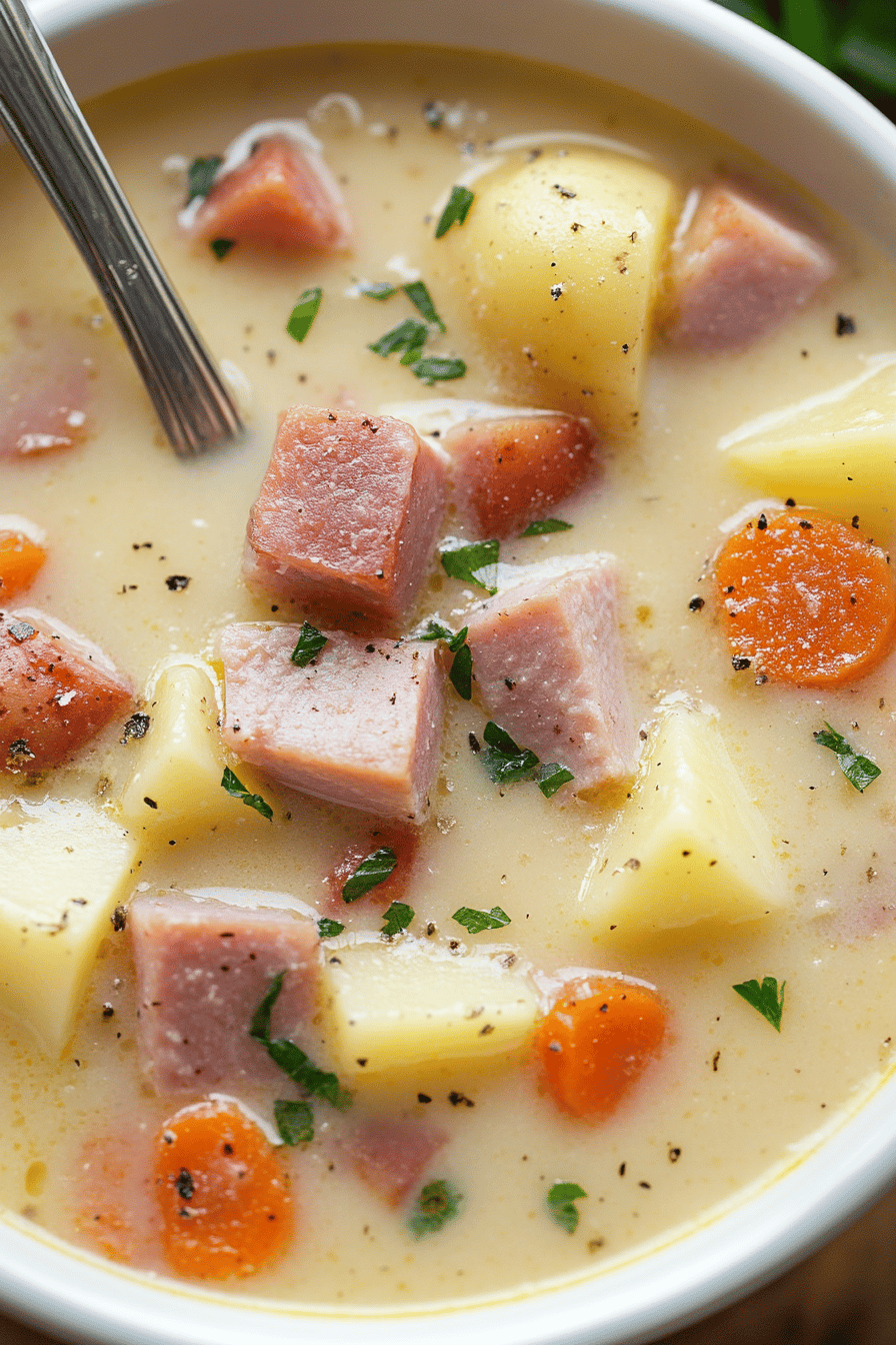 Ham and Potato Soup slice on plate showing perfect texture and swirl pattern