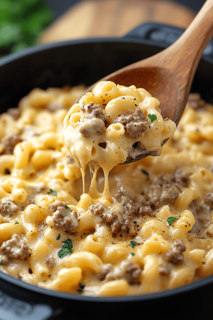Hamburger Mac and Cheese ingredients organized and measured on kitchen counter