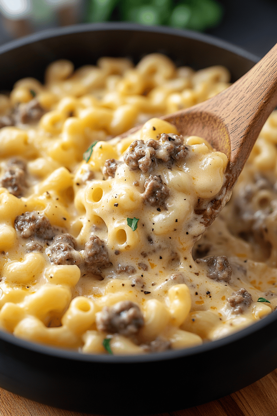 Hamburger Mac and Cheese final dish beautifully presented and ready to serve