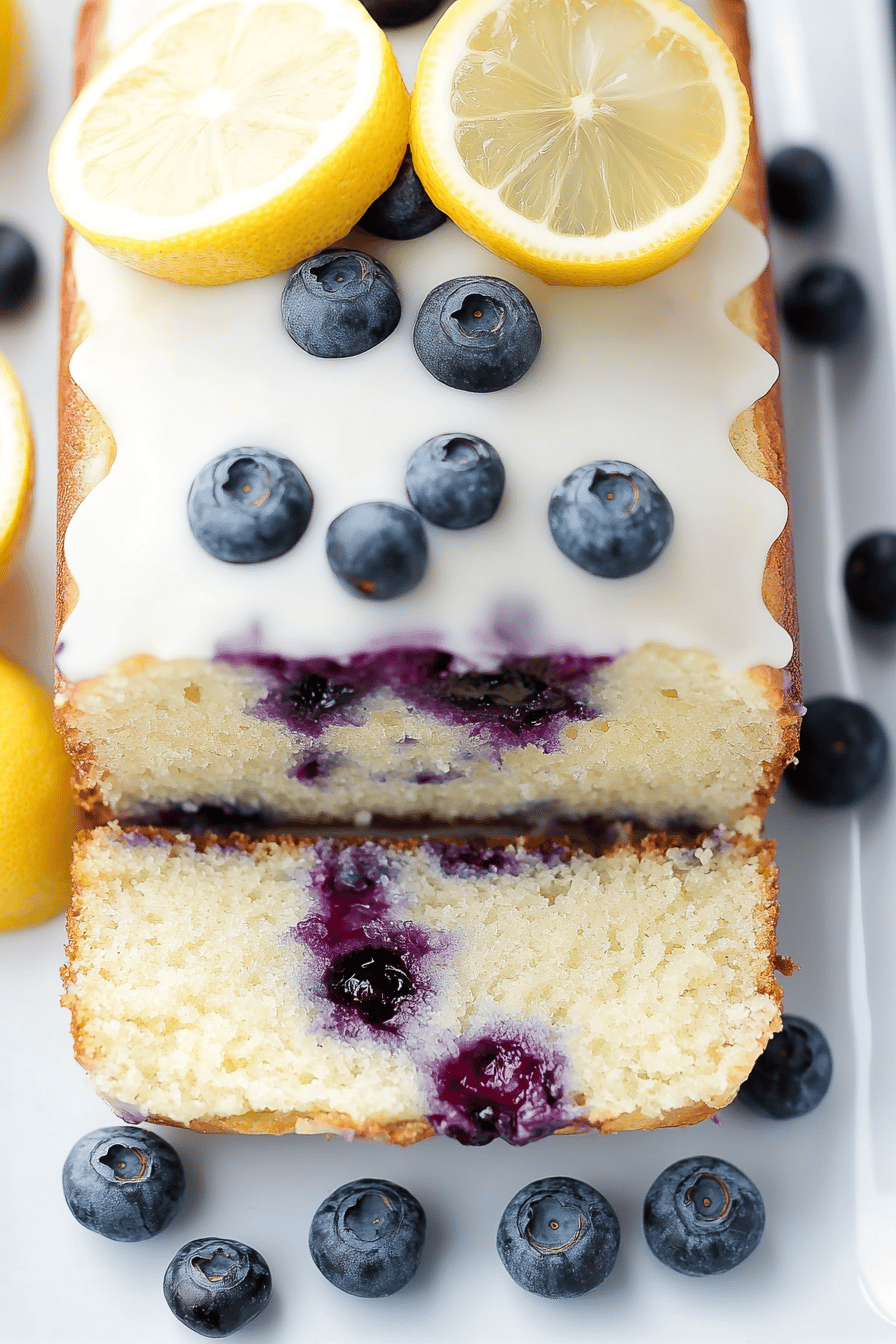 Lemon-Blueberry Loaf slice on plate showing perfect texture and swirl pattern