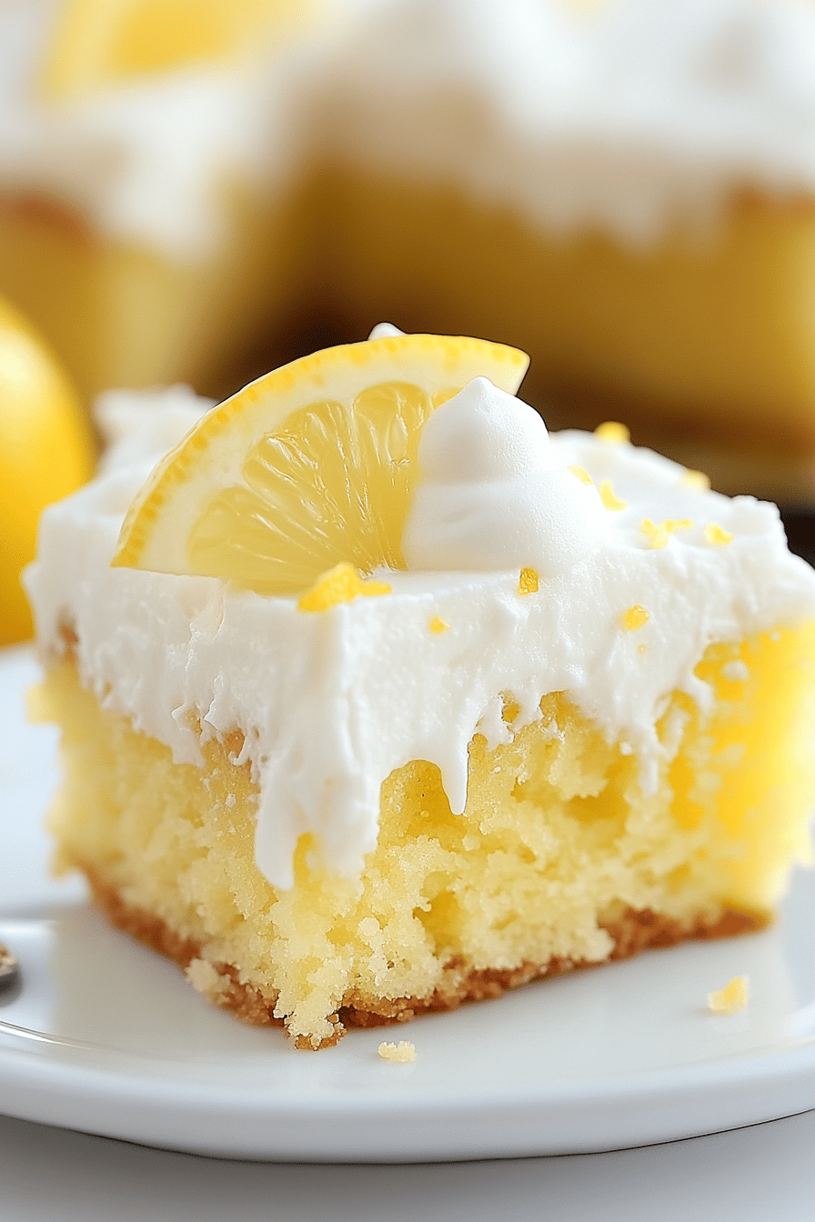 Lemon Poke Cake slice on plate showing perfect texture and swirl pattern