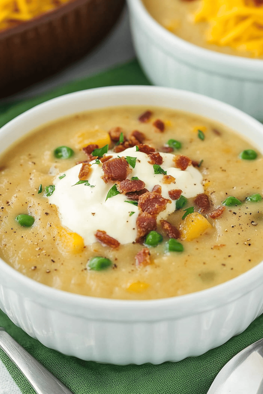 Loaded Baked Potato Soup slice on plate showing perfect texture and swirl pattern