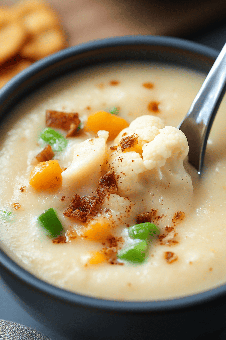Loaded Cauliflower Soup slice on plate showing perfect texture and swirl pattern