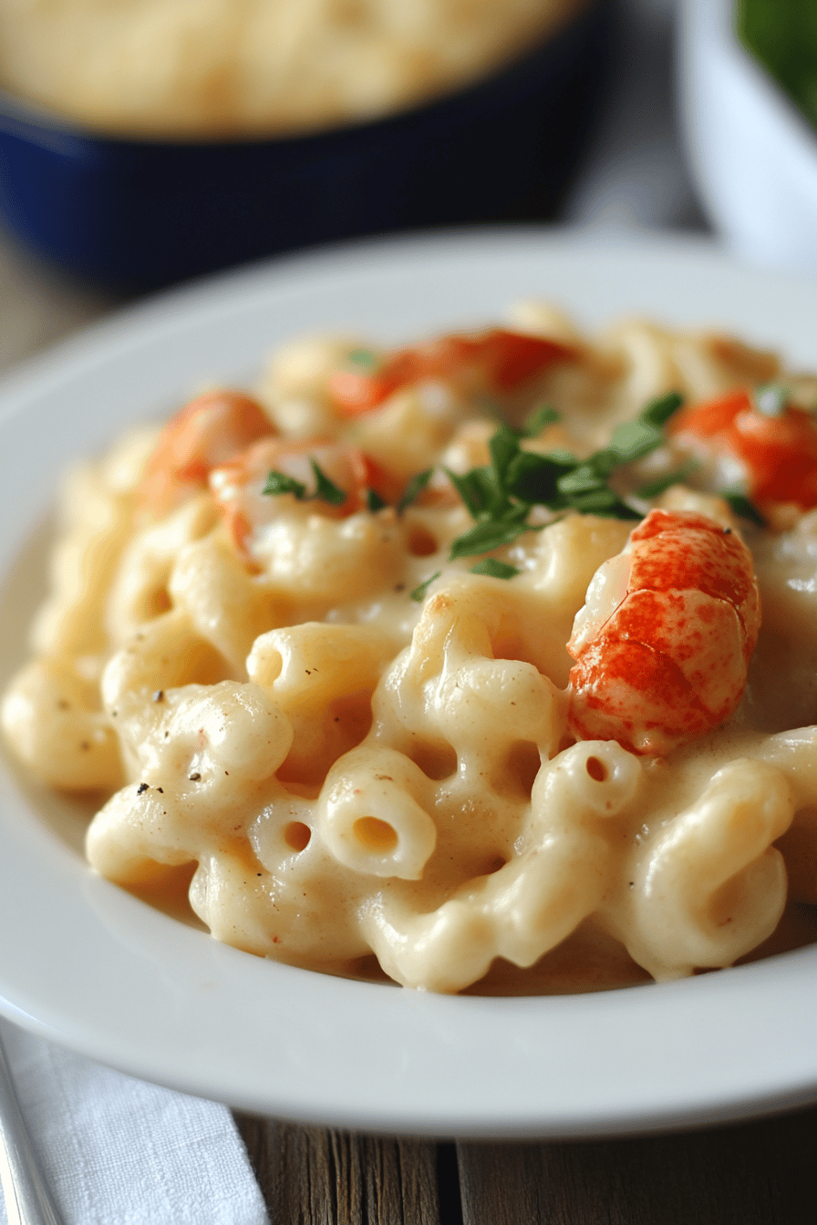 Lobster Mac and Cheese slice on plate showing perfect texture and swirl pattern