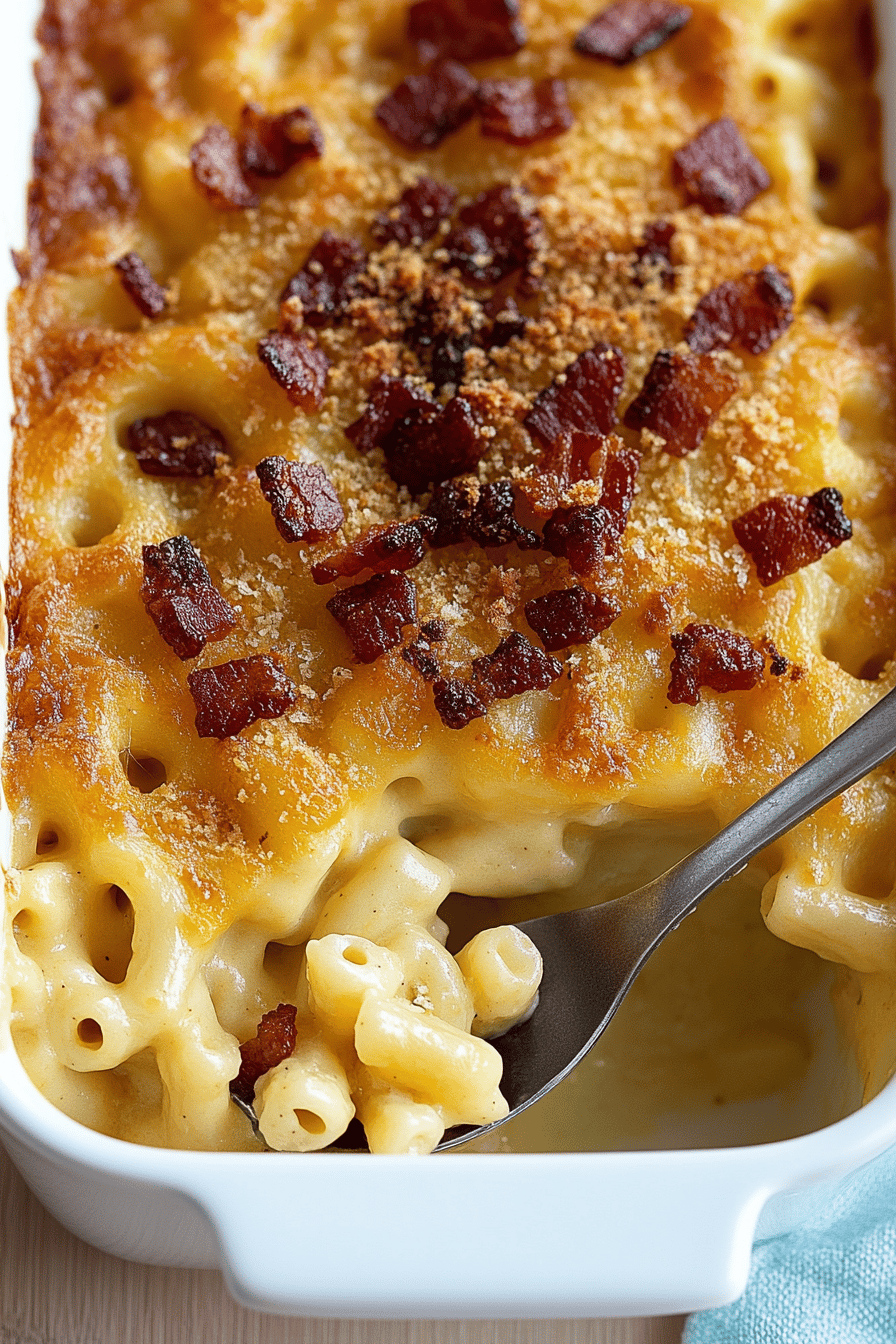 Mac and Cheese with Bacon slice on plate showing perfect texture and swirl pattern