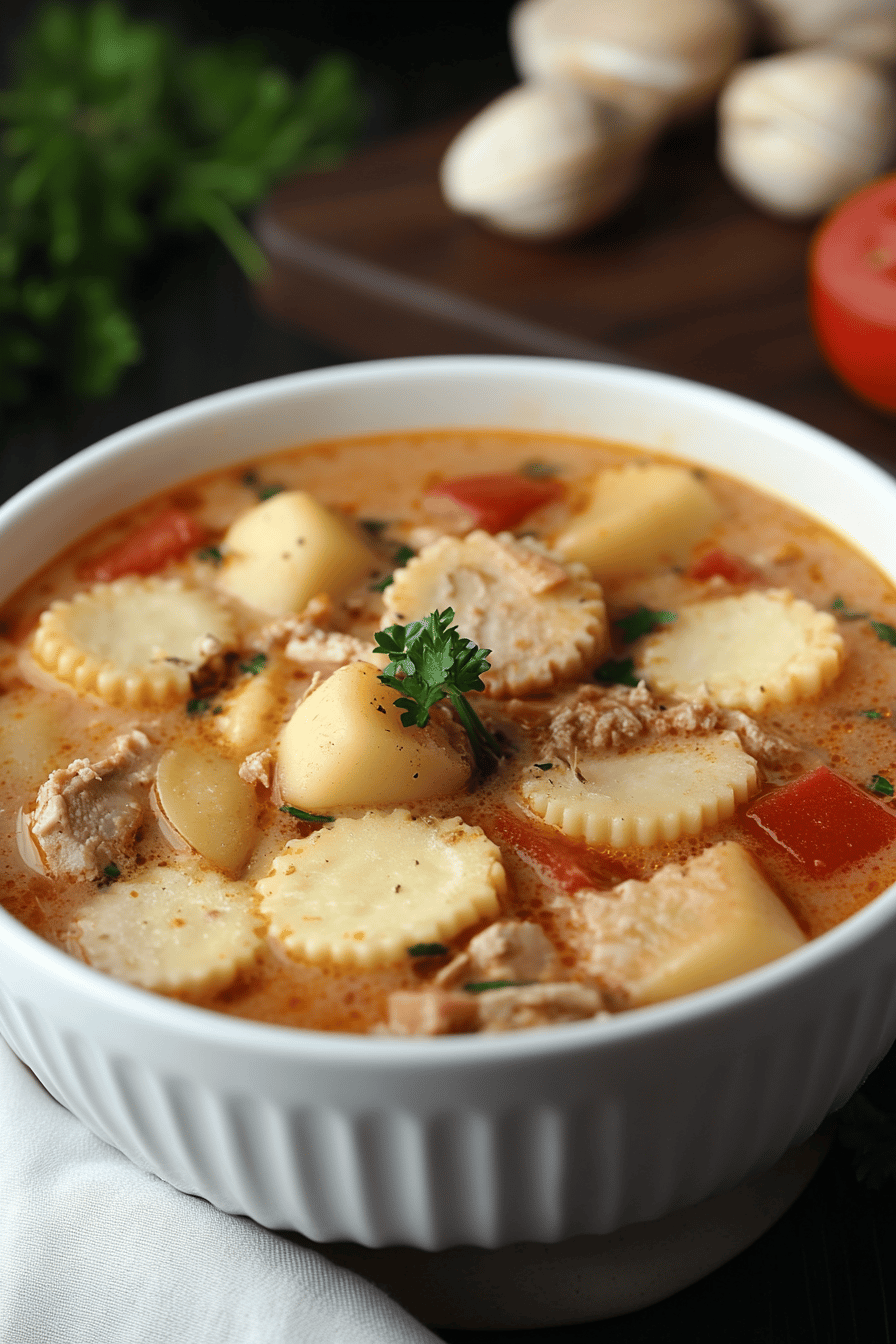 Manhattan Clam Chowder slice on plate showing perfect texture and swirl pattern
