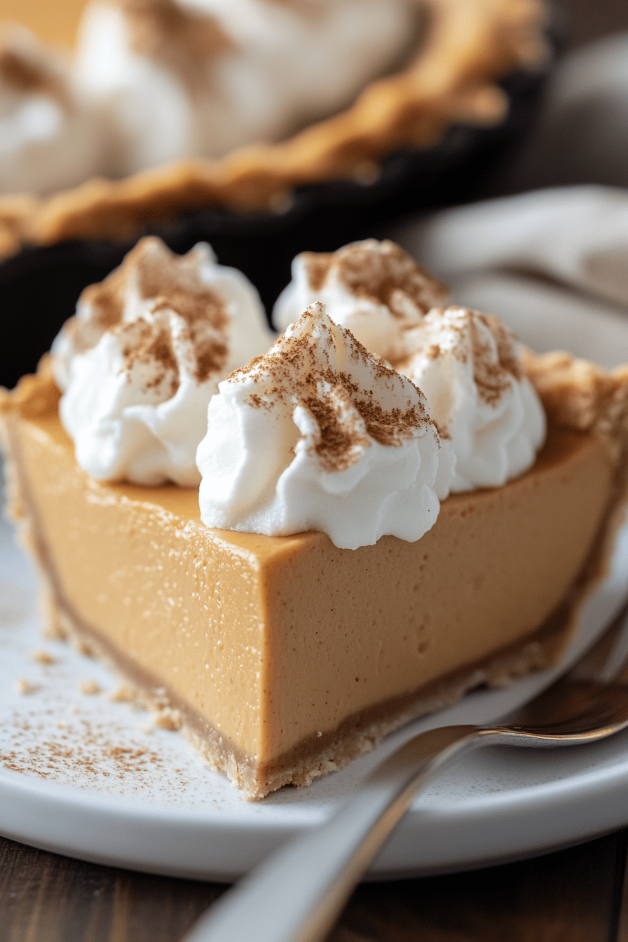 Marshmallow Pumpkin Pie slice on plate showing perfect texture and swirl pattern