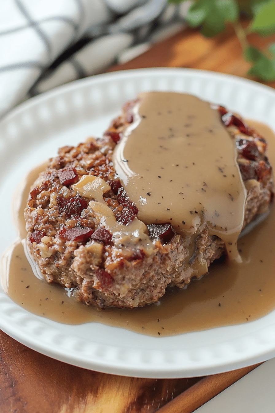 Meatloaf with Gravy Recipe slice on plate showing perfect texture and swirl pattern
