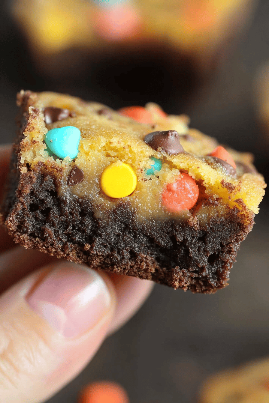 Monster Cookie Brownie Cups slice on plate showing perfect texture and swirl pattern