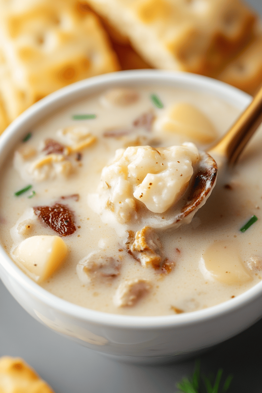 New England Clam Chowder slice on plate showing perfect texture and swirl pattern