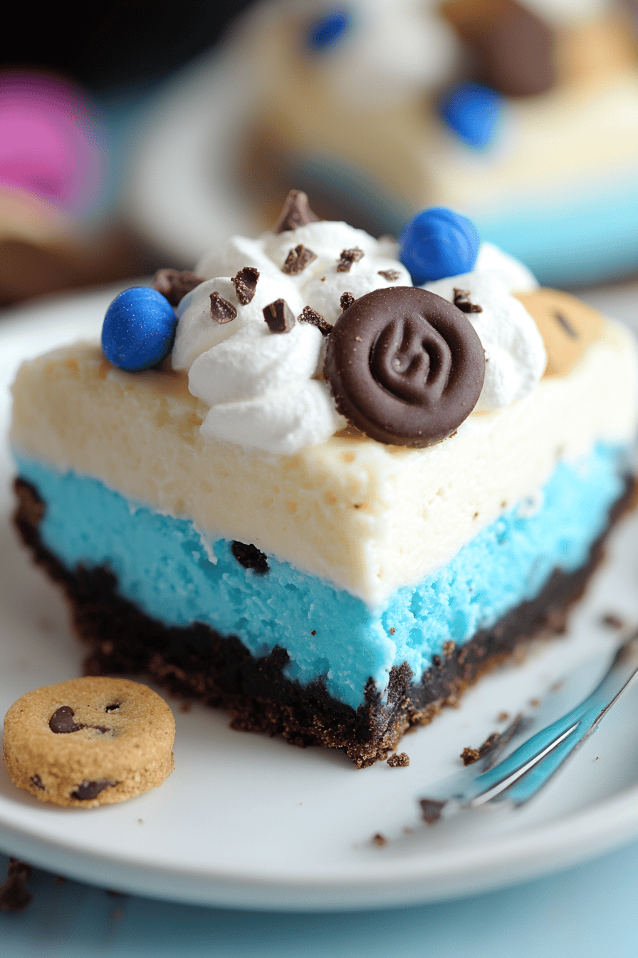 No-Bake Cookie Monster Pie slice on plate showing perfect texture and swirl pattern