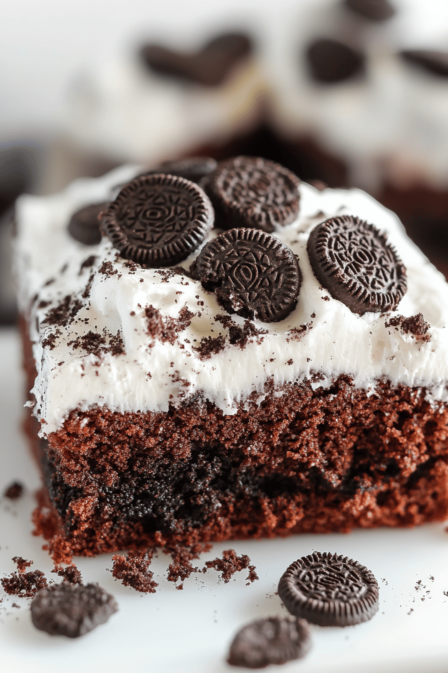 Oreo Poke Cake final dish beautifully presented and ready to serve