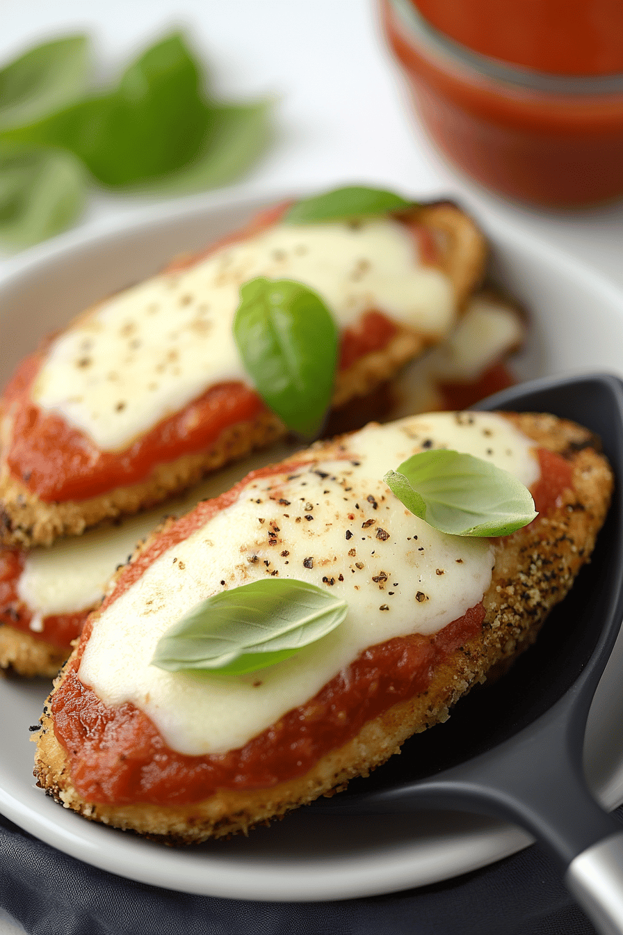 Oven Baked Chicken Parmesan slice on plate showing perfect texture and swirl pattern