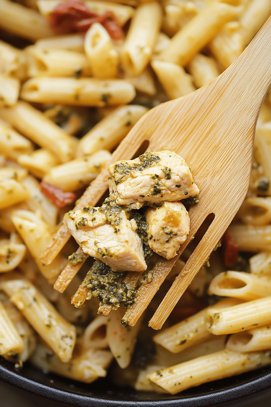 Pesto Chicken Pasta ingredients organized and measured on kitchen counter