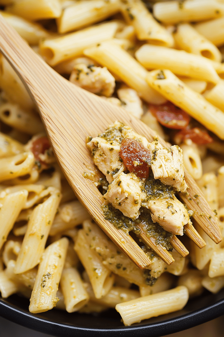 Pesto Chicken Pasta final dish beautifully presented and ready to serve
