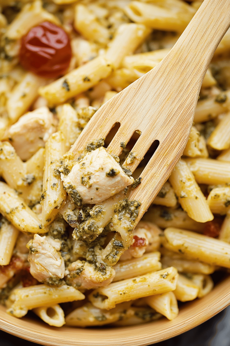 Pesto Chicken Pasta slice on plate showing perfect texture and swirl pattern