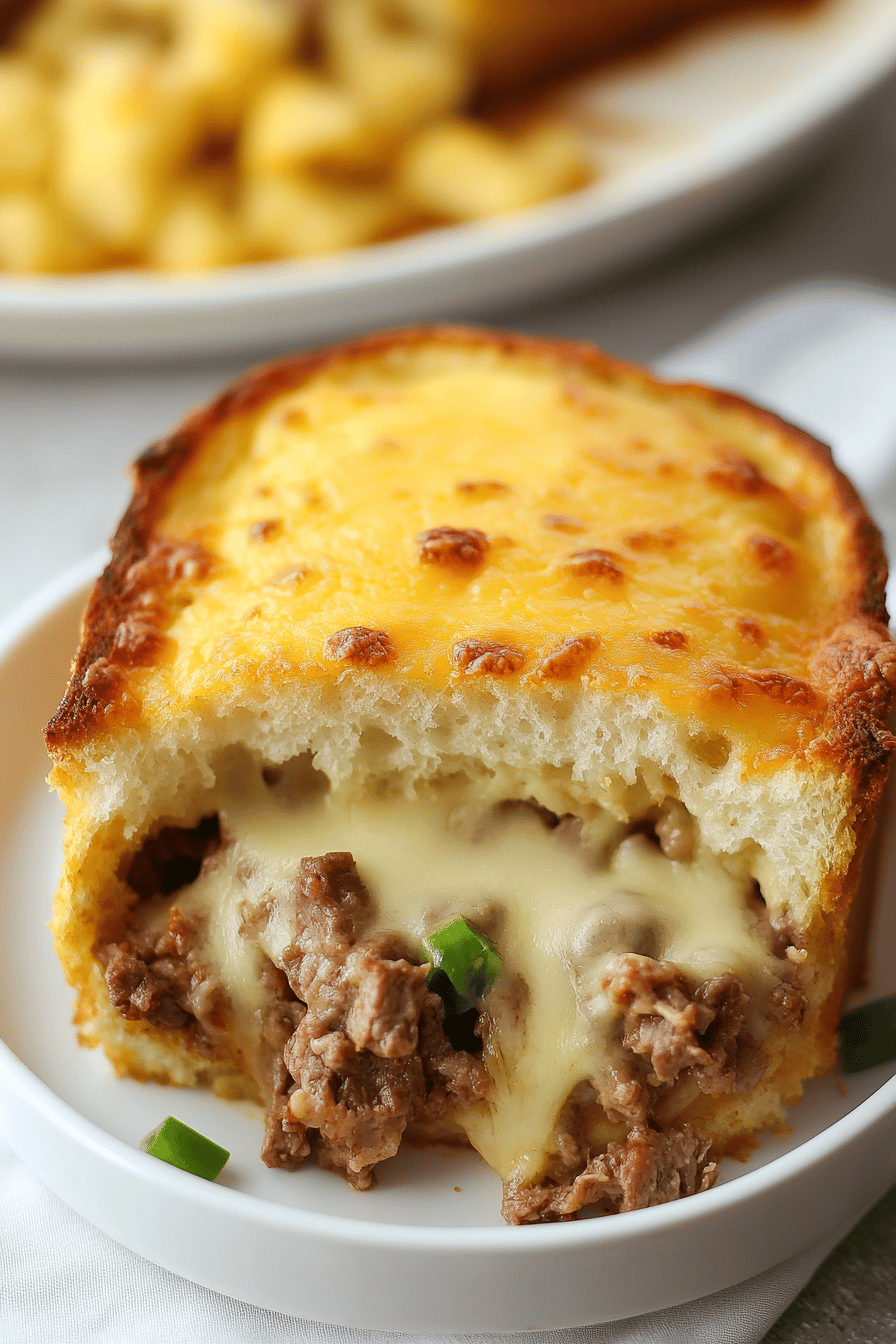 Philly Cheese Steak Casserole slice on plate showing perfect texture and swirl pattern