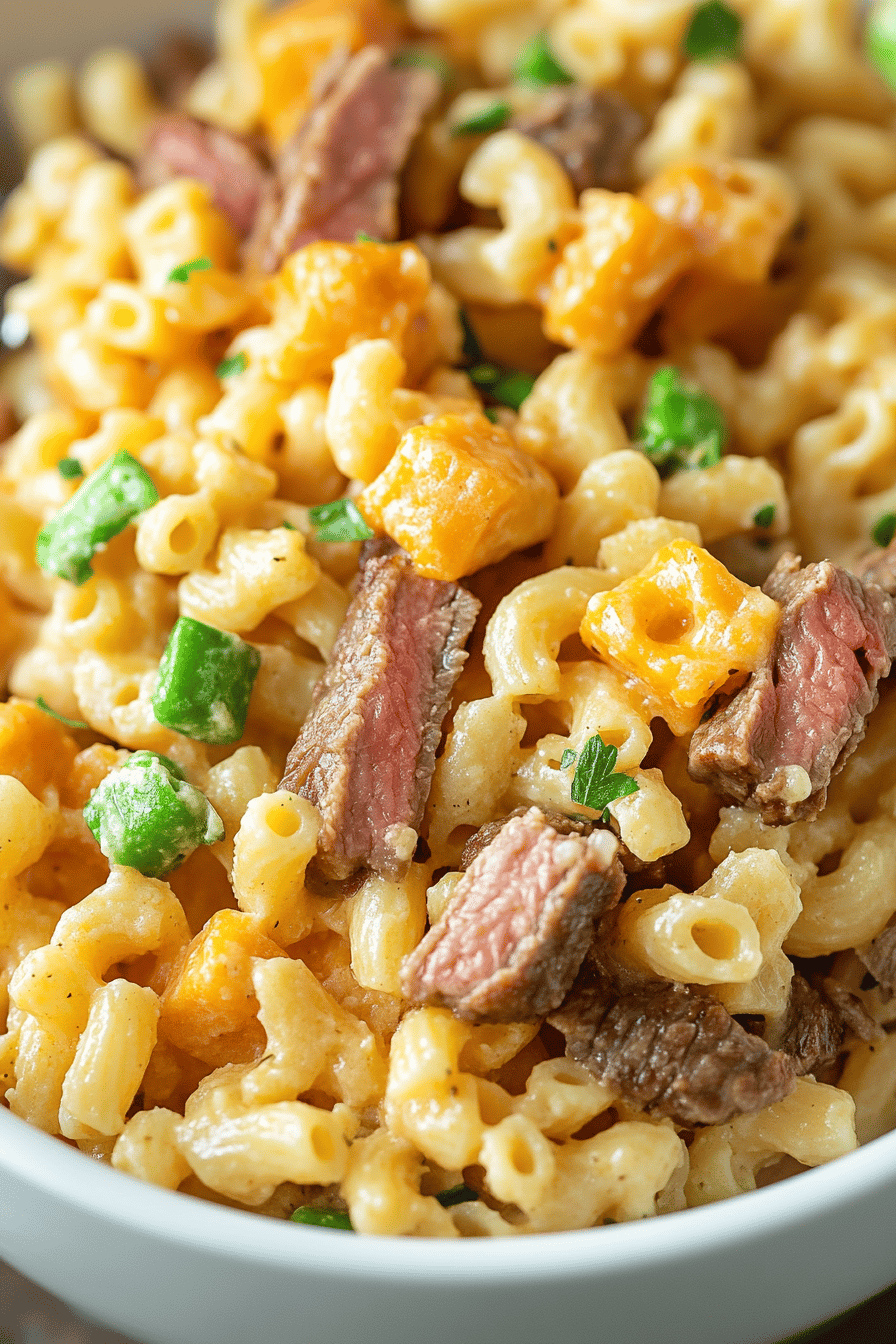 Philly Cheese Steak Pasta Salad ingredients organized and measured on kitchen counter