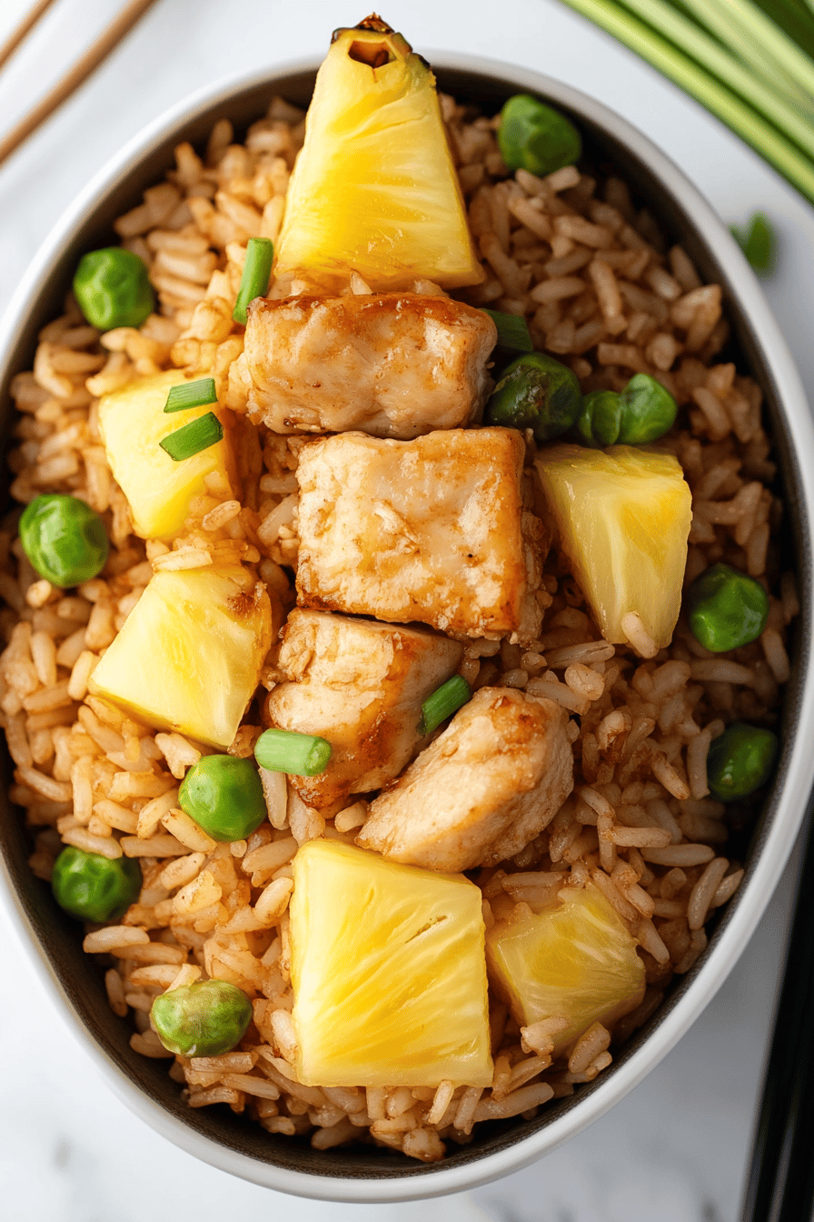 Pineapple Chicken Fried Rice slice on plate showing perfect texture and swirl pattern