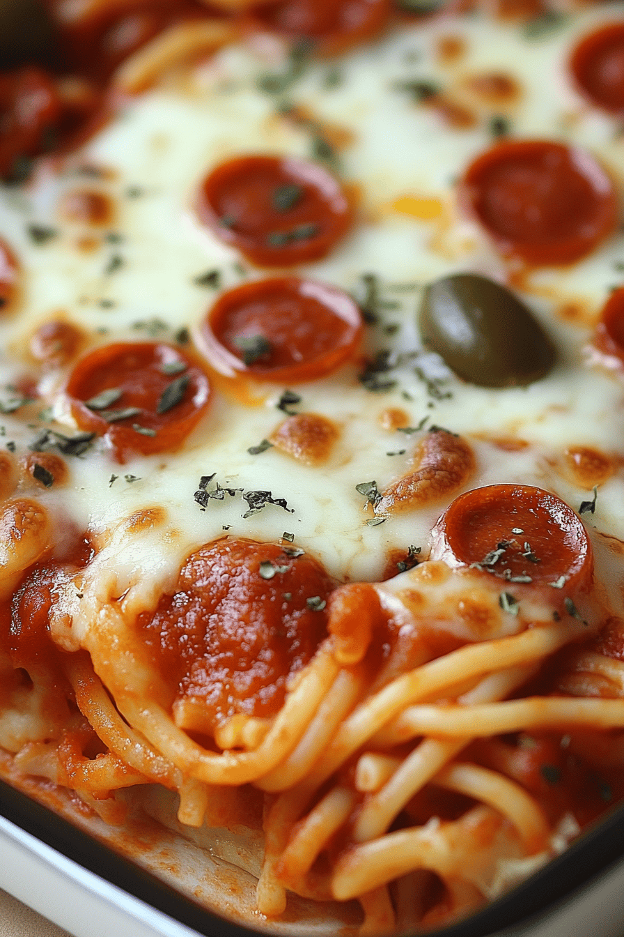 Pizza Baked Spaghetti ingredients organized and measured on kitchen counter