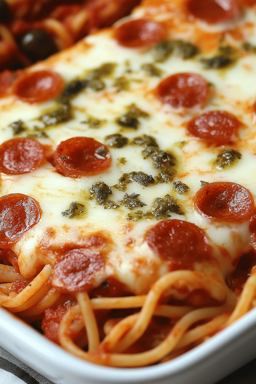 Pizza Baked Spaghetti final dish beautifully presented and ready to serve