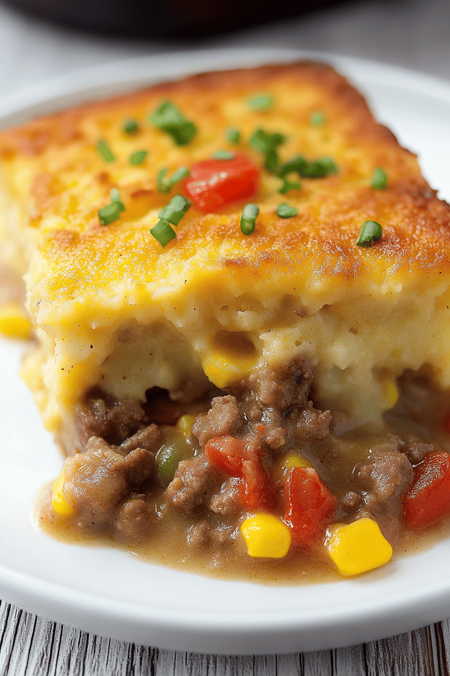 Shepherd's Pie with Cornbread slice on plate showing perfect texture and swirl pattern