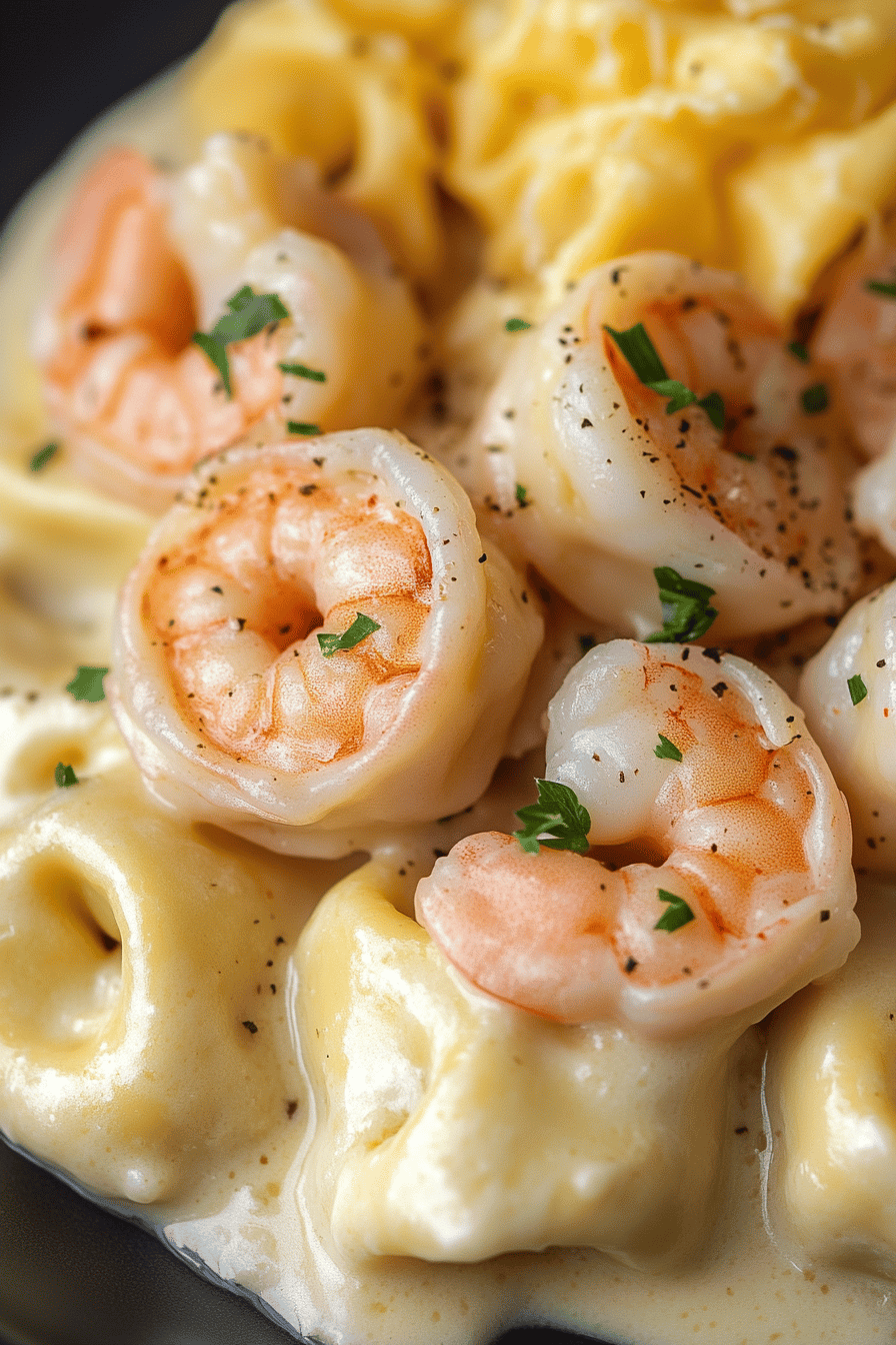 Shrimp Tortellini Alfredo final dish beautifully presented and ready to serve