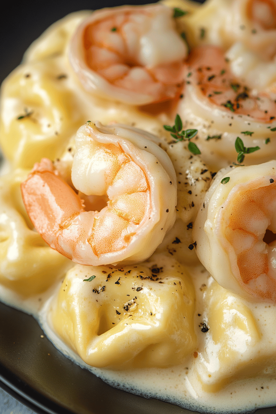 Shrimp Tortellini Alfredo slice on plate showing perfect texture and swirl pattern