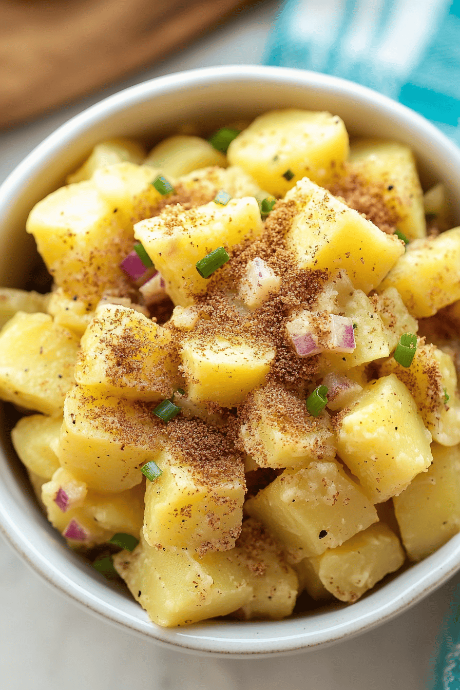 Southern Potato Salad slice on plate showing perfect texture and swirl pattern