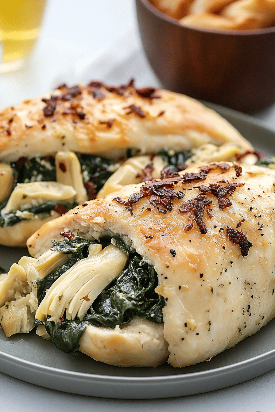 Spinach Artichoke Stuffed Chicken slice on plate showing perfect texture and swirl pattern