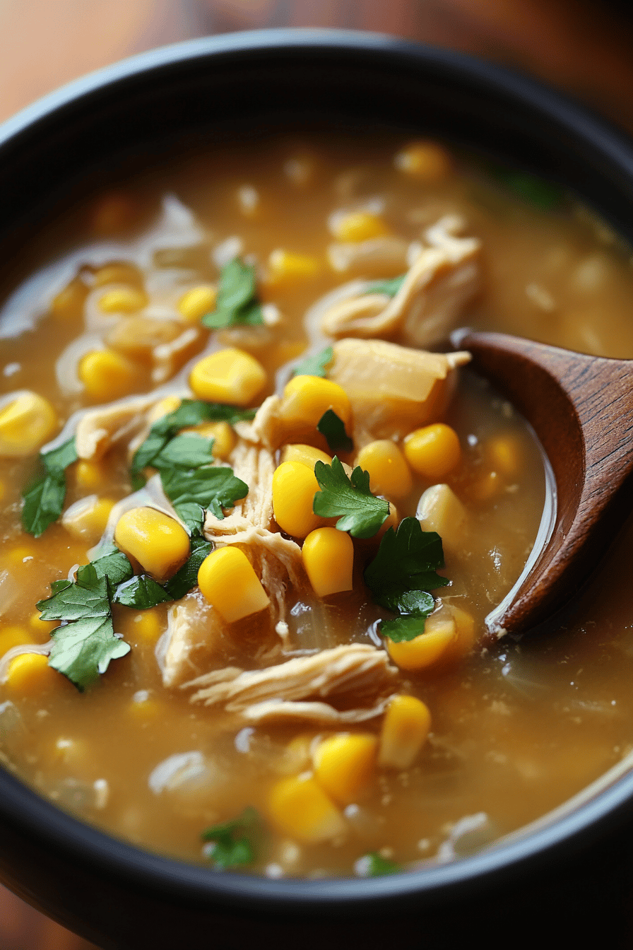 Sweet Corn Chicken Soup slice on plate showing perfect texture and swirl pattern