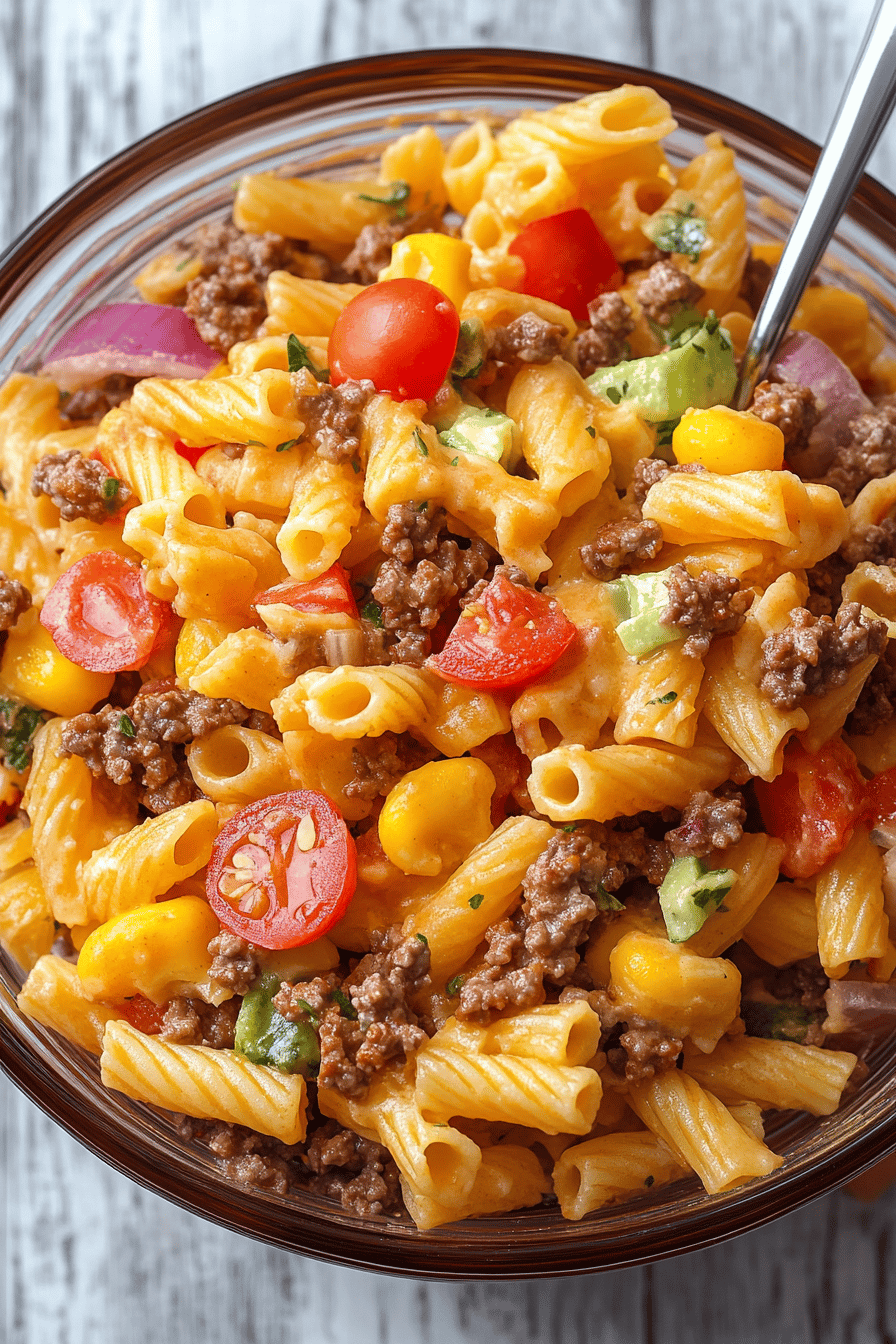 Taco Pasta Salad ingredients organized and measured on kitchen counter
