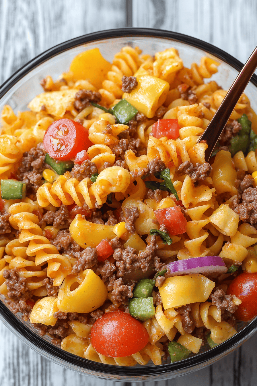 Taco Pasta Salad final dish beautifully presented and ready to serve