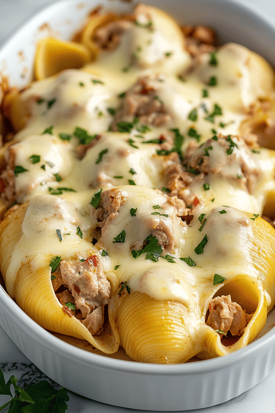 Tuna Stuffed Shells final dish beautifully presented and ready to serve