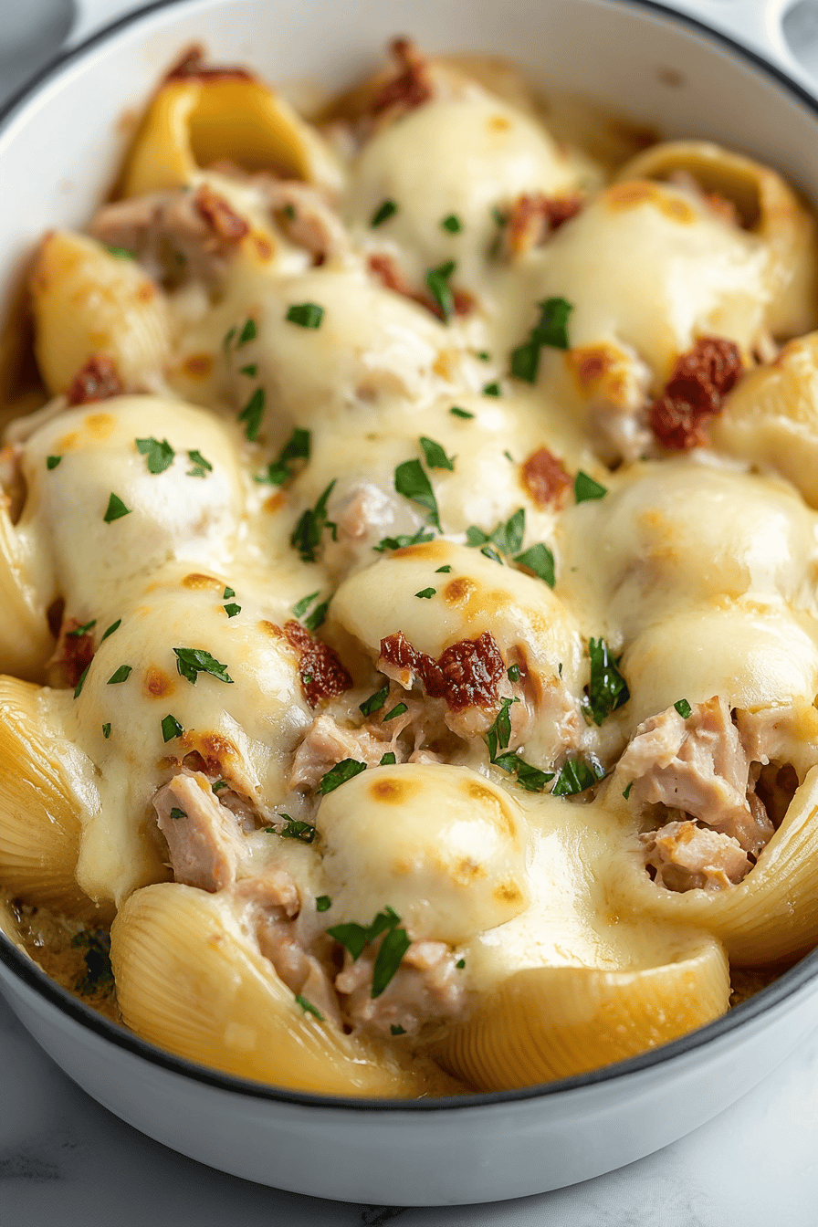 Tuna Stuffed Shells slice on plate showing perfect texture and swirl pattern